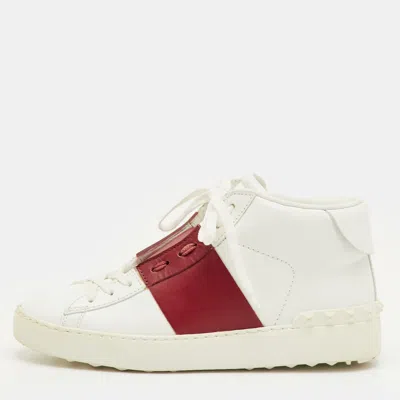 Pre-owned Valentino Garavani Size 38 White/burgundy Leather Open Lace Up High Top Sneakers