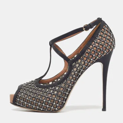 Pre-owned Valentino Garavani Size 38.5 Black Crystal Embellished Fabric And Mesh Peep Toe Platform Pumps