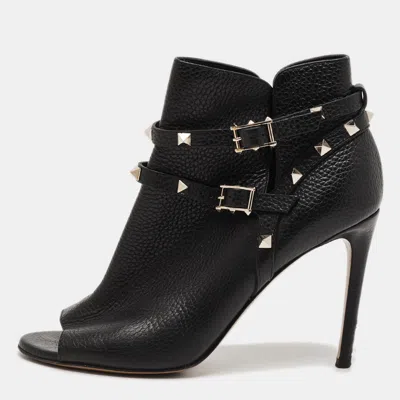 Pre-owned Valentino Garavani Size 38.5 Black Leather Rockstud Open Toe Ankle Length Boots