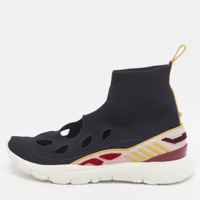 Pre-owned Valentino Garavani Size 40 Multicolor Knit Fabric And Leather Cut Out Sock High Top Sneakers