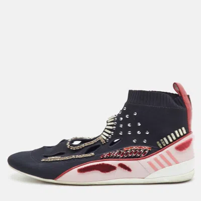 Pre-owned Valentino Garavani Size 41 Black Knit Fabric Crystal Embellished Sock Slip On Sneakers