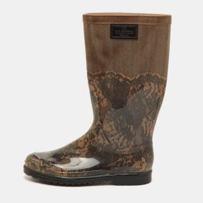 Pre-owned Valentino Garavani Size 41 Black/beige Lace Print Rubber Rain Boots