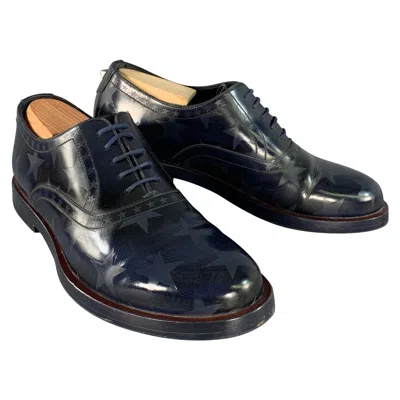 Pre-owned Valentino Garavani Valentino Size 7.5 Navy Embossed Stars Leather Oxford Lace-up Shoes In Blue