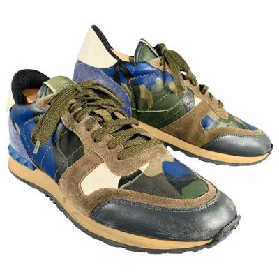 Pre-owned Valentino Garavani Valentino Size 9.5 Blue Taupe Color Block Leather Rubber Sole Sneakers