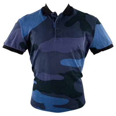 Pre-owned Valentino Size M Black Blue Camouflage Cotton Buttoned Polo
