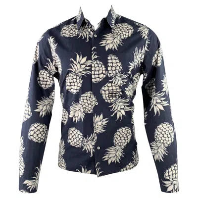 Pre-owned Valentino Size M Navy White Pineapple Print Cotton Button Up Long Sleeve Shirt
