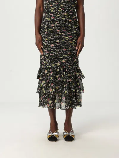 Valentino Ruched Flower Print Midi Skirt With Ruffle Hem In Black Multi