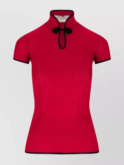Valentino Sleeves Detail Mandarin Collar Ribbed Texture In Red