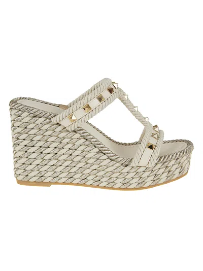 Valentino Garavani Slide Espadrillas Rockstud Torchon T. 25/90 Vitello/platinum Studs/corda Seta Lurex In White