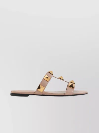 Valentino Garavani Women Pink Leather Roman Stud Slide Sandals In Multi