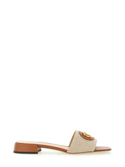 Valentino Garavani Vlogo Embellished Textured-leather And Canvas Slides In Neutrals