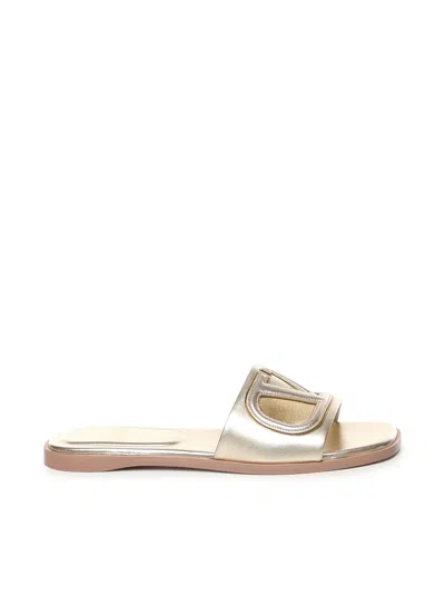Valentino Garavani Slide Vlogo Cut-out Sandal In Laminated Leather In Platino/antique Brass