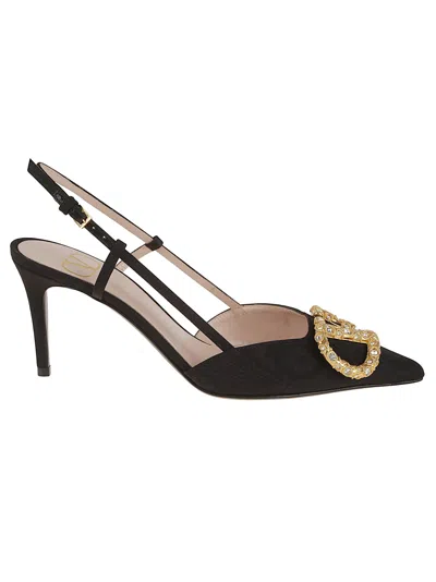 Valentino Garavani Sling Back Vlogo Signature T. 80 Vintage Brass Logo Jewel In Black