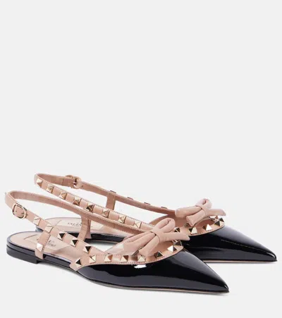 VALENTINO GARAVANI ROCKSTUD BOW PATENT LEATHER SLINGBACK FLATS