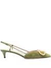 Valentino Signature Velvet Slingback Pumps Embellished Buckle In Green