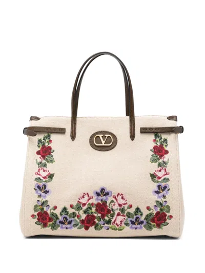 Valentino Garavani Small Antibes Linen Tote Bag In Nude