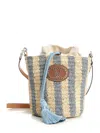 Valentino Garavani Small Bucket Bag In Raffia With Beige And Light Blue Stripes In Multi