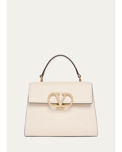 Valentino Garavani Small Crystal Vlogo Leather Top-handle Bag In Black