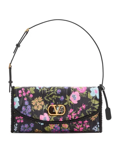 Valentino Garavani Devain Vlogo Moire Papier Floral Fabric Small Shoulder Bag In Black