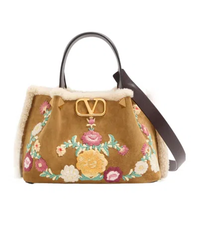 VALENTINO GARAVANI SMALL EMBROIDERED-FLOWERS SUEDE TOTE BAG