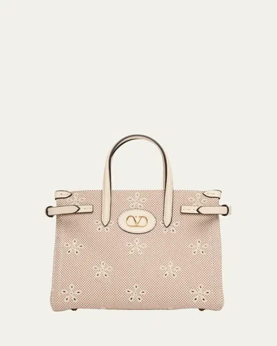 Valentino Garavani Small Eyelet-embroidered Canvas Tote Bag In Brown