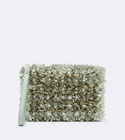 Valentino Garavani Small Floral-appliqué Leather Pouch In Green