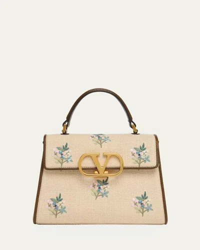 Valentino Garavani Small Floral-embroidered Woven Flax Top-handle Bag In Pink