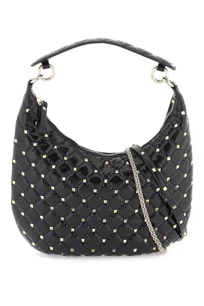 Valentino Garavani Rockstud Spike Leather Hobo Bag In Black