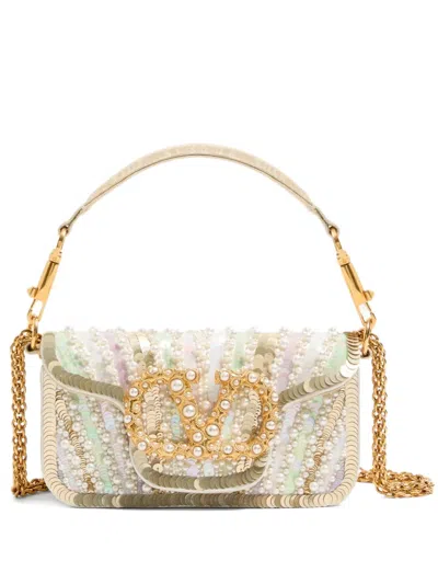 Valentino Garavani Small Locò Embroidered Jewel-logo Shoulder Bag In Neutral