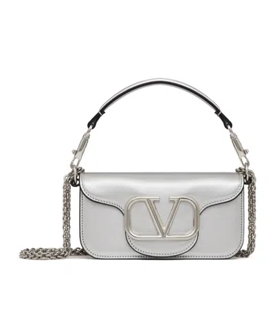 Valentino Garavani Small Locò Metallic Calfskin Shoulder Bag In Silver
