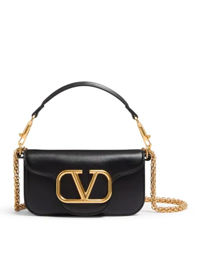 Valentino Garavani Small Loco Shoulder Bag In Calfskin With Antique Gold-tone Logo In Black