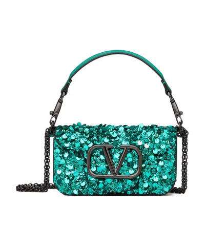 Valentino Garavani Small Locò Shoulder Bag With 3d Embroidery In Green
