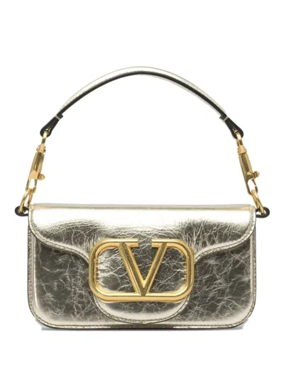 Valentino Garavani Small Locò V-logo Signature Metallic Leather Shoulder Bag In Yellow