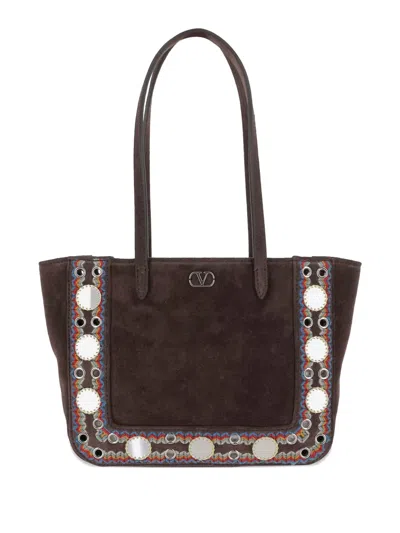 Valentino Garavani Small Nellcôte Stud-embellished Suede Shoulder Bag In Brown
