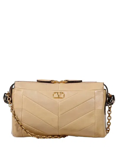 Valentino Garavani Panthea Small Shoulder Bag In Nappa Leather With A Chevron Pattern In Brown