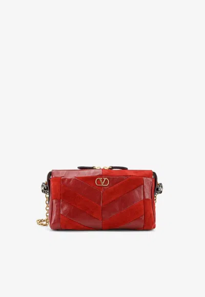 Valentino Garavani Small Panthea Shoulder Bag In Suede And Nappa Leather With Chevron Pattern In Red