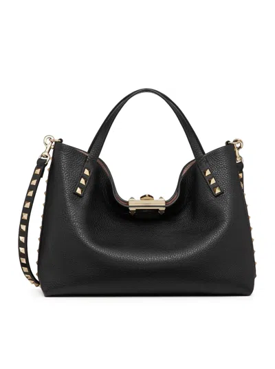 Valentino Garavani Small Rockstud Grainy Calfskin Bag With Contrasting Lining Woman Black Uni