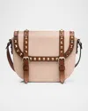 Valentino Small Rockstud Canvas Saddle Crossbody Bag In Naturale Tobacco Selleria
