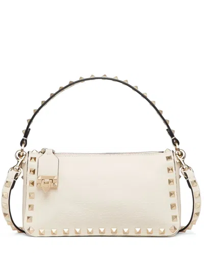 Valentino Garavani Rockstud Small Shoulder Bag In Grained Calfskin In White