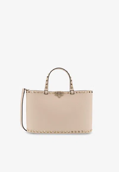 Valentino Garavani Small Rockstud Leather Tote Bag In White