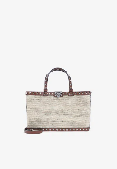 Valentino Garavani Small Rockstud Raffia Tote Bag In Sand
