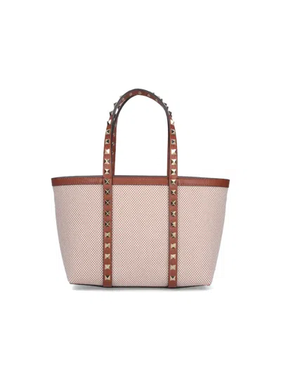 Valentino Garavani Small Shopping Bag Rockstud In Beige