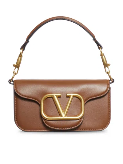 Valentino Garavani Small Shoulder Bag Loco` Vitello/antique Brass Logo In Tobacco