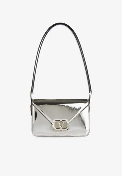 Valentino Garavani Small Shoulder Letter Bag In Mirror-effect Leather In Silver