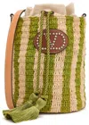 Valentino Garavani Valentino Small Striped Leather And Raffia Bucket Bag In Pink