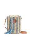 Valentino Garavani Small Bucket Bag In Raffia With Beige And Light Blue Stripes In Multi