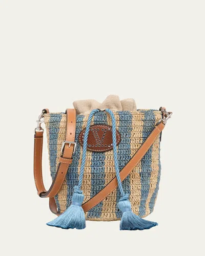 Valentino Garavani Small Striped Viscose Raffia Bucket Bag In Multi