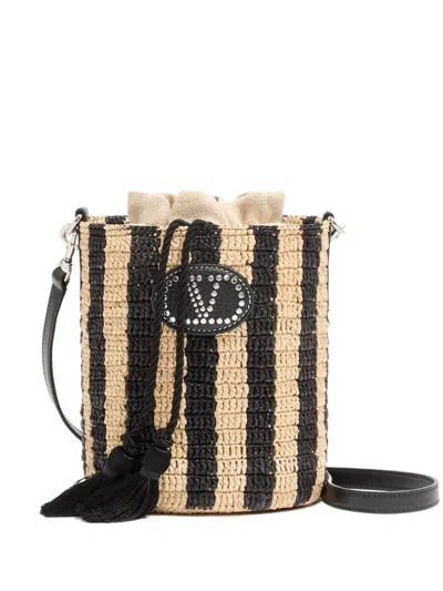 Valentino Garavani Embellished Striped Leather-trimmed Raffia Bucket Bag In Neutral