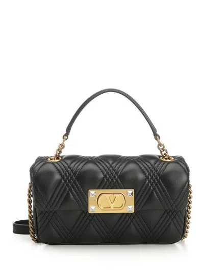 Valentino Garavani Small Top Handle Bag | Quiltie 67 | Nappa Deluxe/a.brass Logo-pall.studs-ant Handbags Black