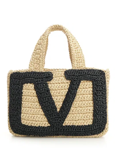 VALENTINO GARAVANI SMALL TOTE | VIVA SUPERSTAR CROCHET | CROCHET RAFIA HANDBAGS BEIGE